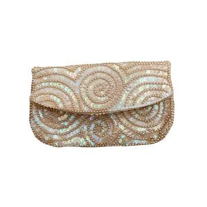 Vintage Beaded Clutch Sequins and Pearls Beige Ivory Cream Zipper Flap